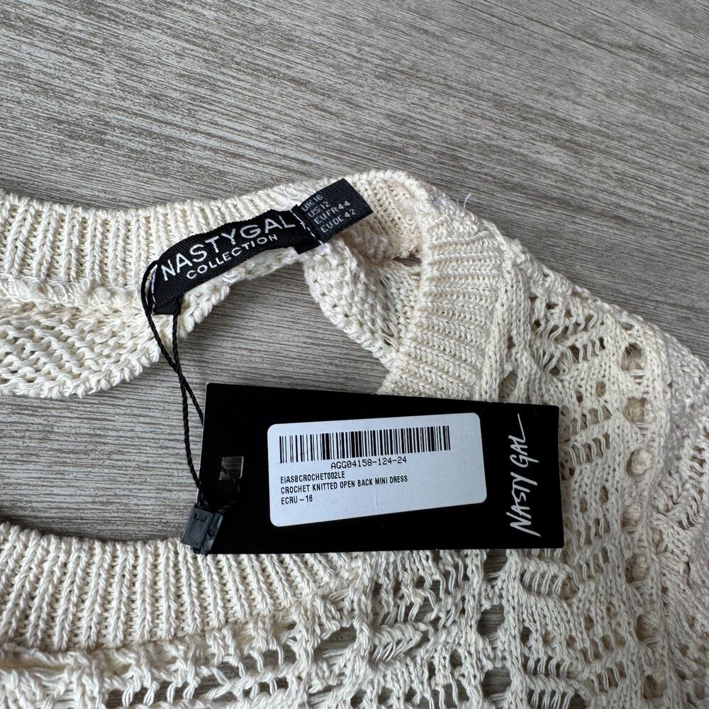 Nasty Gal Crochet Knit Mini Dress NWT US 12 Open Back Cream Long Sleeve Flared - Picture 3 of 8